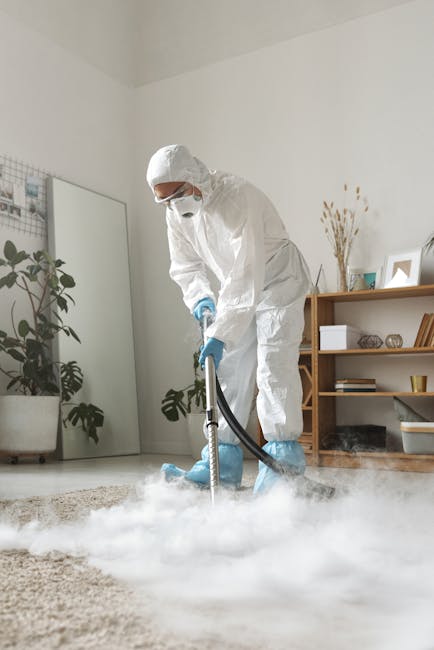 A professional cleaning specialist dressed in full protective gear, including a white coverall, gloves, face mask, and goggles, is operating a steam cleaning machine on a beige carpet in a modern, wel
